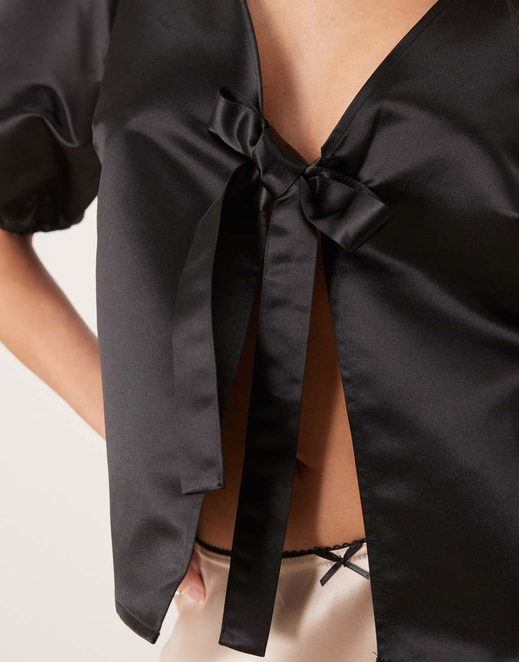 ASOS DESIGN tie front structured satin blouse in black Product Image