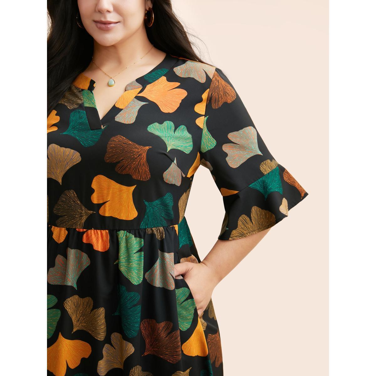 Plus Size Floral Print Notched Ruffle Sleeve Dress BlackFlower Women Elegant Ruffles Flat collar Half Sleeve Curvy BloomChic 14-16/1X Product Image