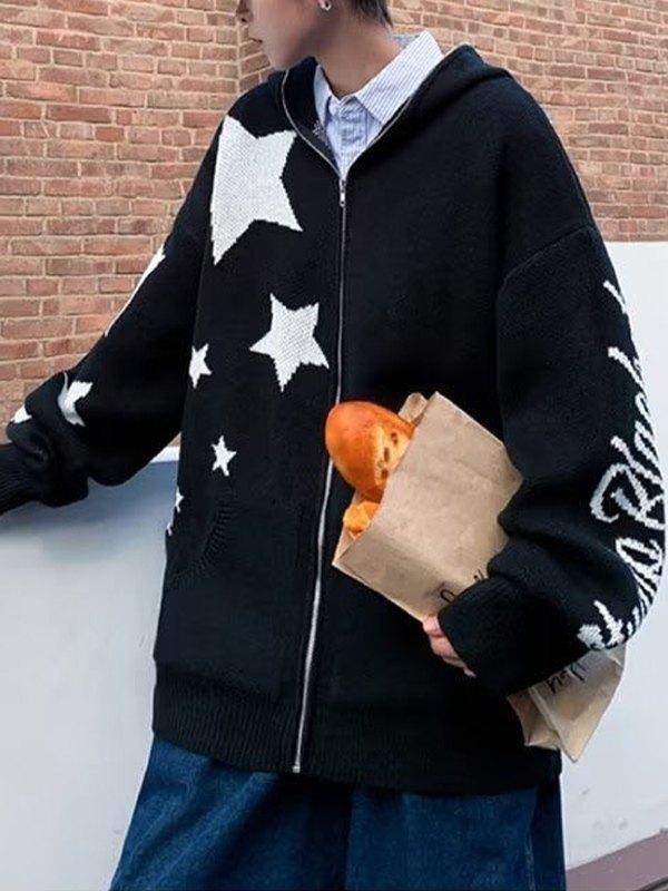 Men's Star Jacquard Zip Up Hooded Cardigan Product Image