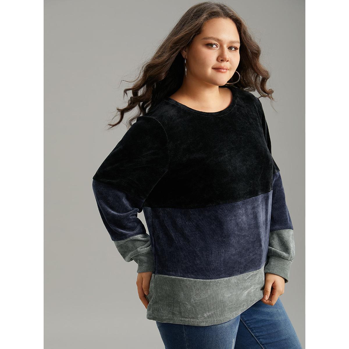 Plus Size Colorblock Patchwork Crew Neck Sweatshirt Women Black Elegant Patchwork Round Neck Dailywear Sweatshirts BloomChic 28/5X Product Image