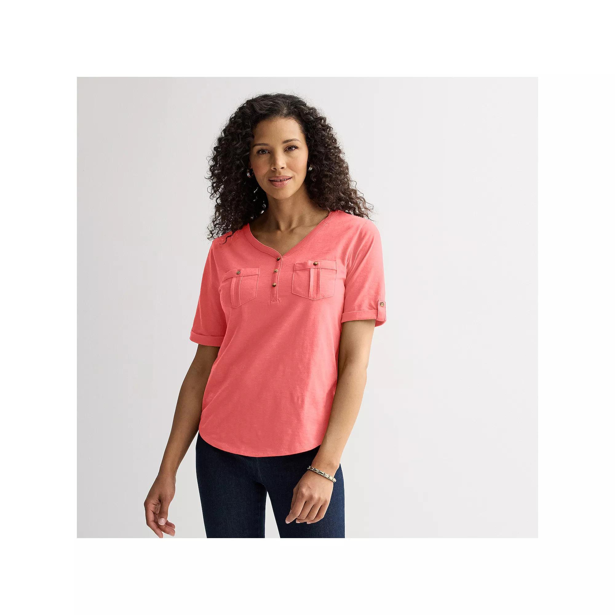 Petite Croft & Barrow® Elbow Sleeve Utility Henley Top, Women's, Size: XXL Petite, Pink Product Image