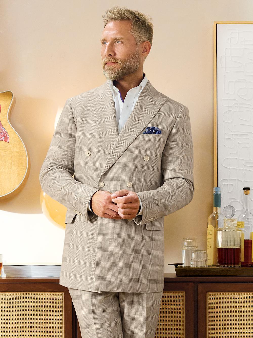 Linen Blend Plaid Peak Lapel Suit - Tan Product Image