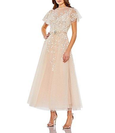 Mac Duggal Short Floral Sleeve Crew Neckline Bow Waist Tulle  A Product Image