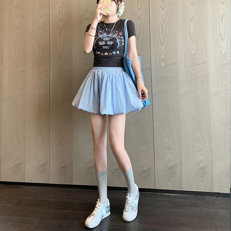 High Waist Plain Bubble Hem Mini A-Line Skort Product Image