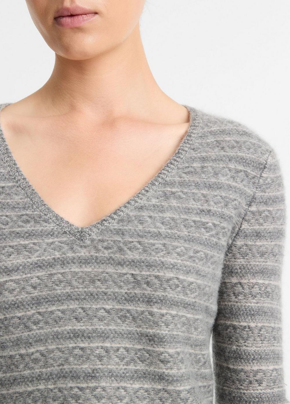 Womens Fair Isle Cashmere V-Neck Sweater, Medium Heather Grey Combo, Size XL Vince Product Image