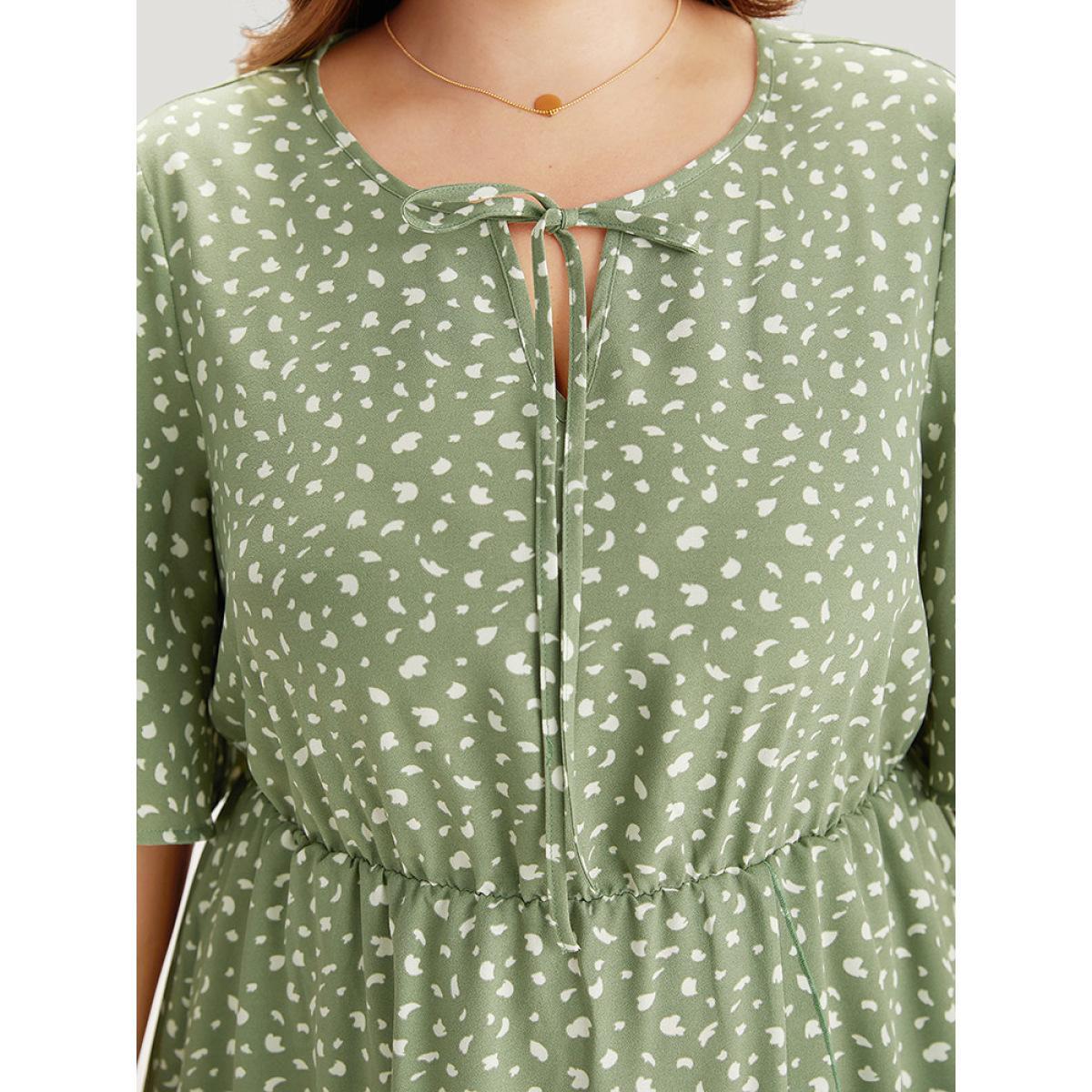 Plus Size Leopard Print Pocket Knot Neck Flutter Trim Dress Sage Women Office Cross straps Notched collar Short sleeve Curvy Midi Dress BloomChic 22-24/3X Product Image