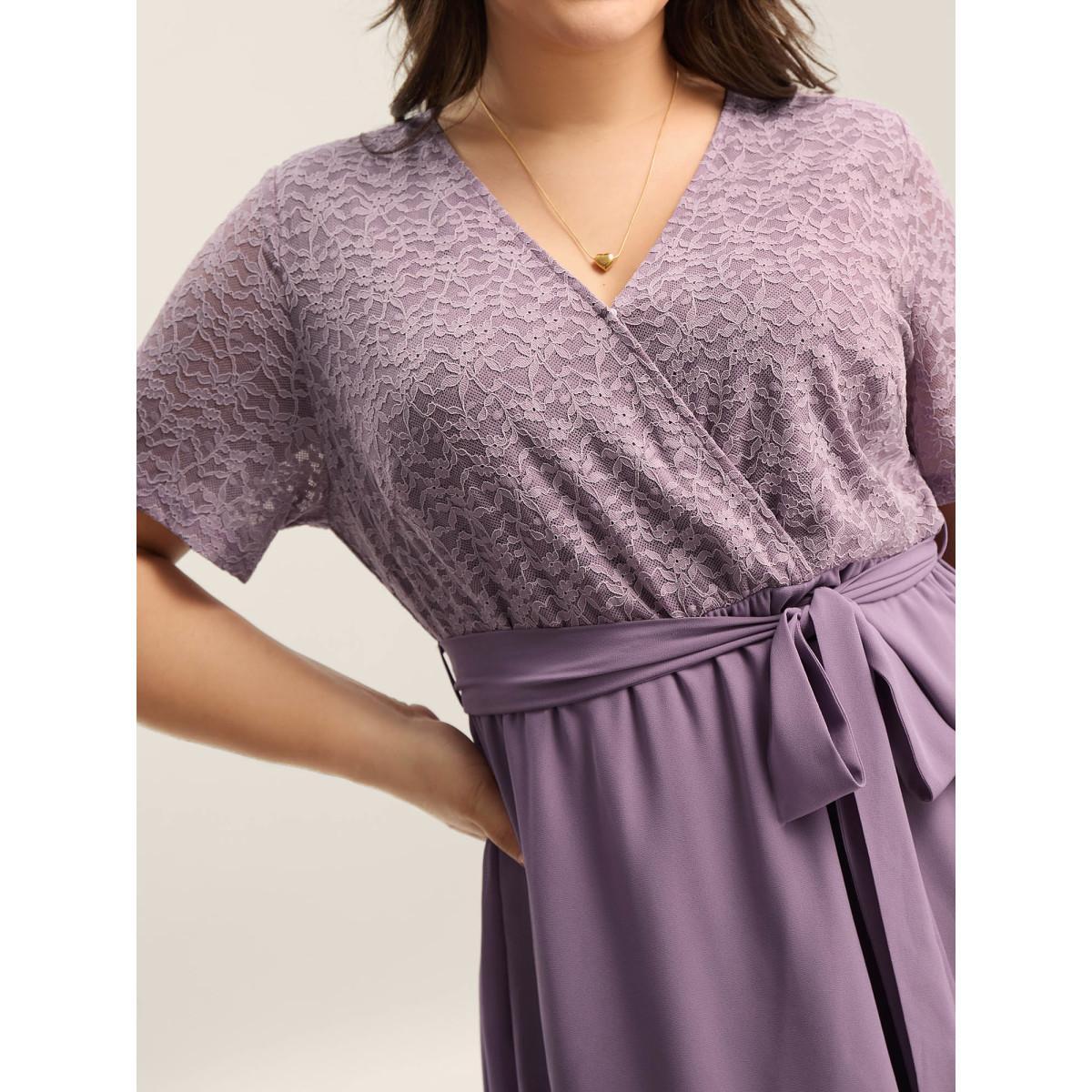 Plus Size Lace Sheer Stretchy Waist Tie Midi Dress Mauve Women Overlap Collar Short sleeve Curvy BloomChic 26/4X Product Image