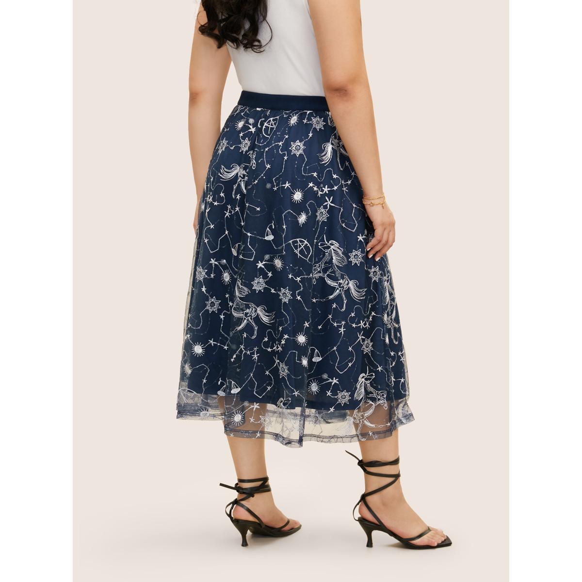 Plus Size Star Embroidered Patchwork Mesh Pocket Skirt Women DarkBlue Resort See through Loose No stretch Slanted pocket Vacation Skirts BloomChic 28/5X Product Image