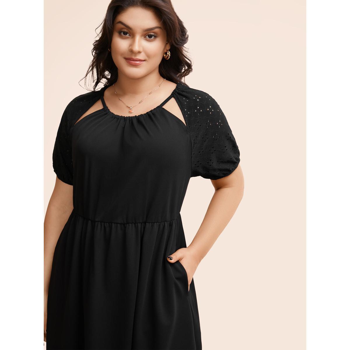Plus Size Solid Cut Out Gathered Puff Sleeve Dress Black Women Elegant Texture Round Neck Short sleeve Curvy BloomChic 14-16/1X Product Image