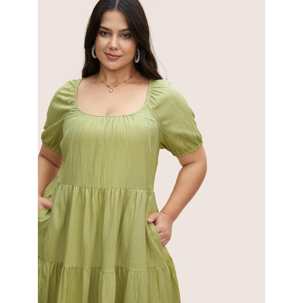 Plus Size Texture Gathered Ruffle Layered Hem Midi Dress Applegreen Women Resort Texture Square Neck Short sleeve Curvy BloomChic 12/L Product Image
