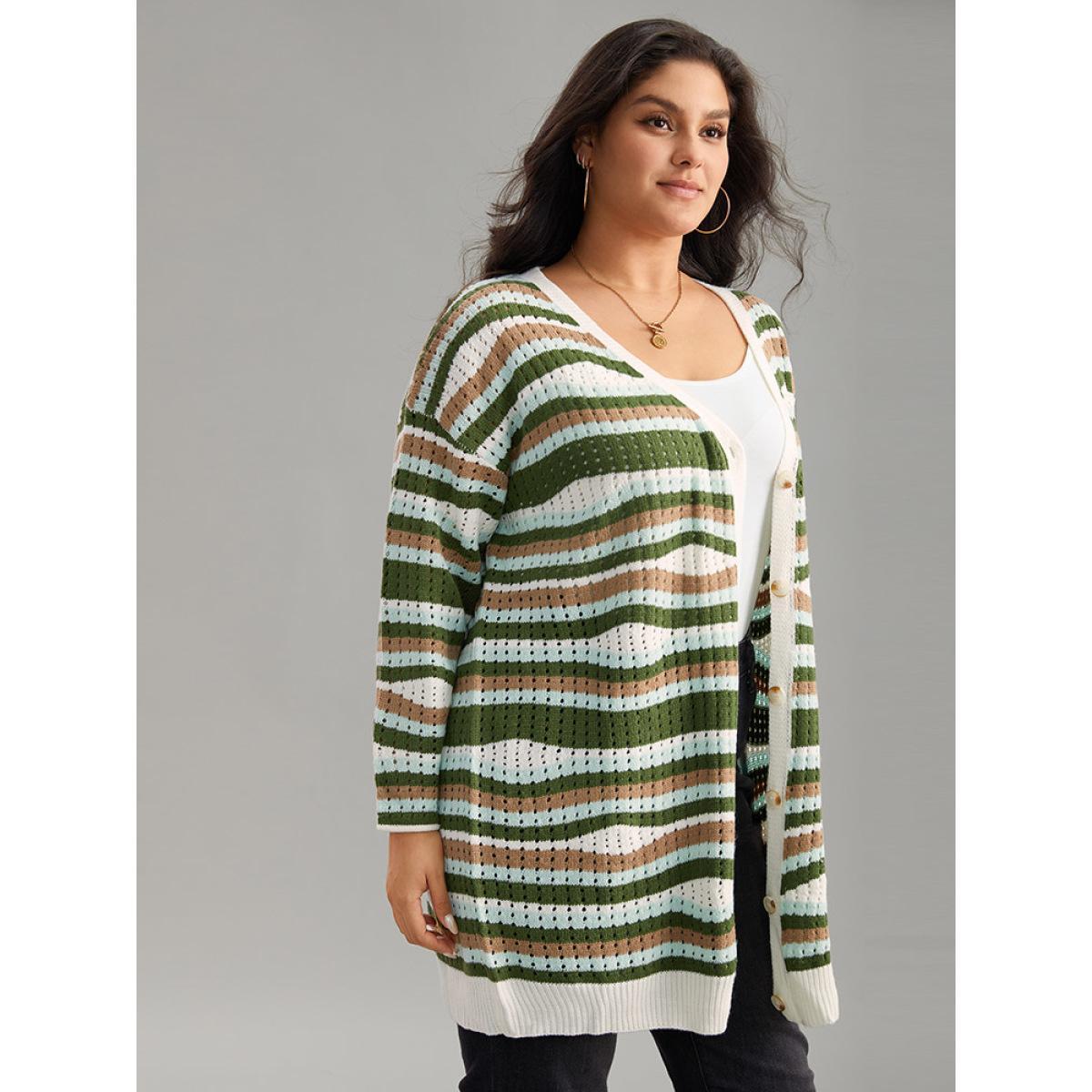 Plus Size Striped Contrast Button Up Hollow Out Cardigan Multicolor Women Casual Loose Long Sleeve Dailywear Cardigans BloomChic 26/4X Product Image