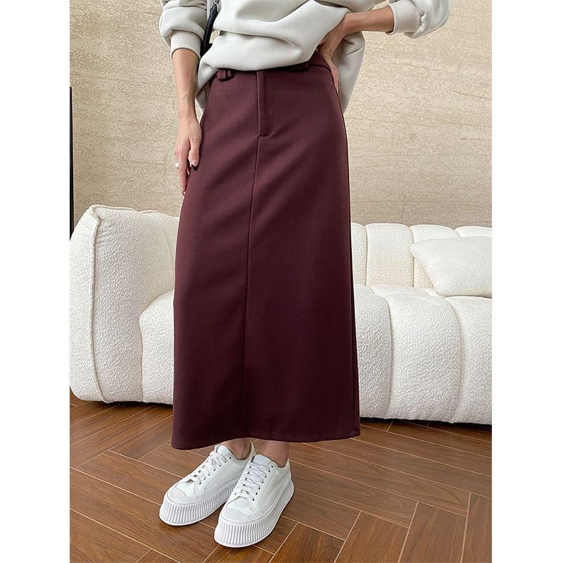 High Rise Plain Slit Midi A-Line Skirt Product Image