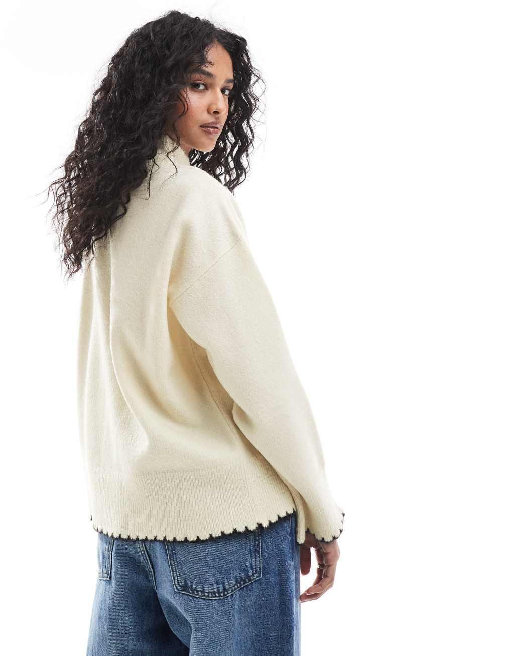 ASOS DESIGN high neck sweater with blanket stitch in cream Product Image
