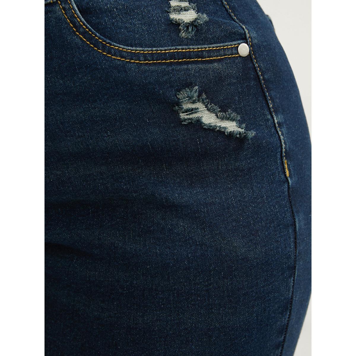 Plus Size Bootcut Slightly Stretchy High Rise Dark Wash Distressed Jeans Women DarkBlue Casual Plain Plain Low stretch Pocket Jeans BloomChic 24/3X Product Image