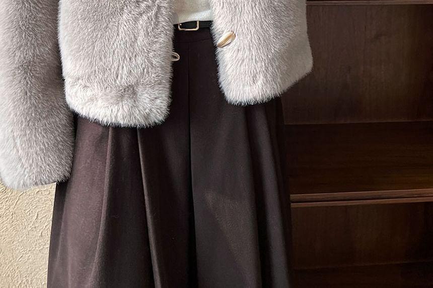 V-Neck Plain Faux Fur Toggle Jacket Product Image