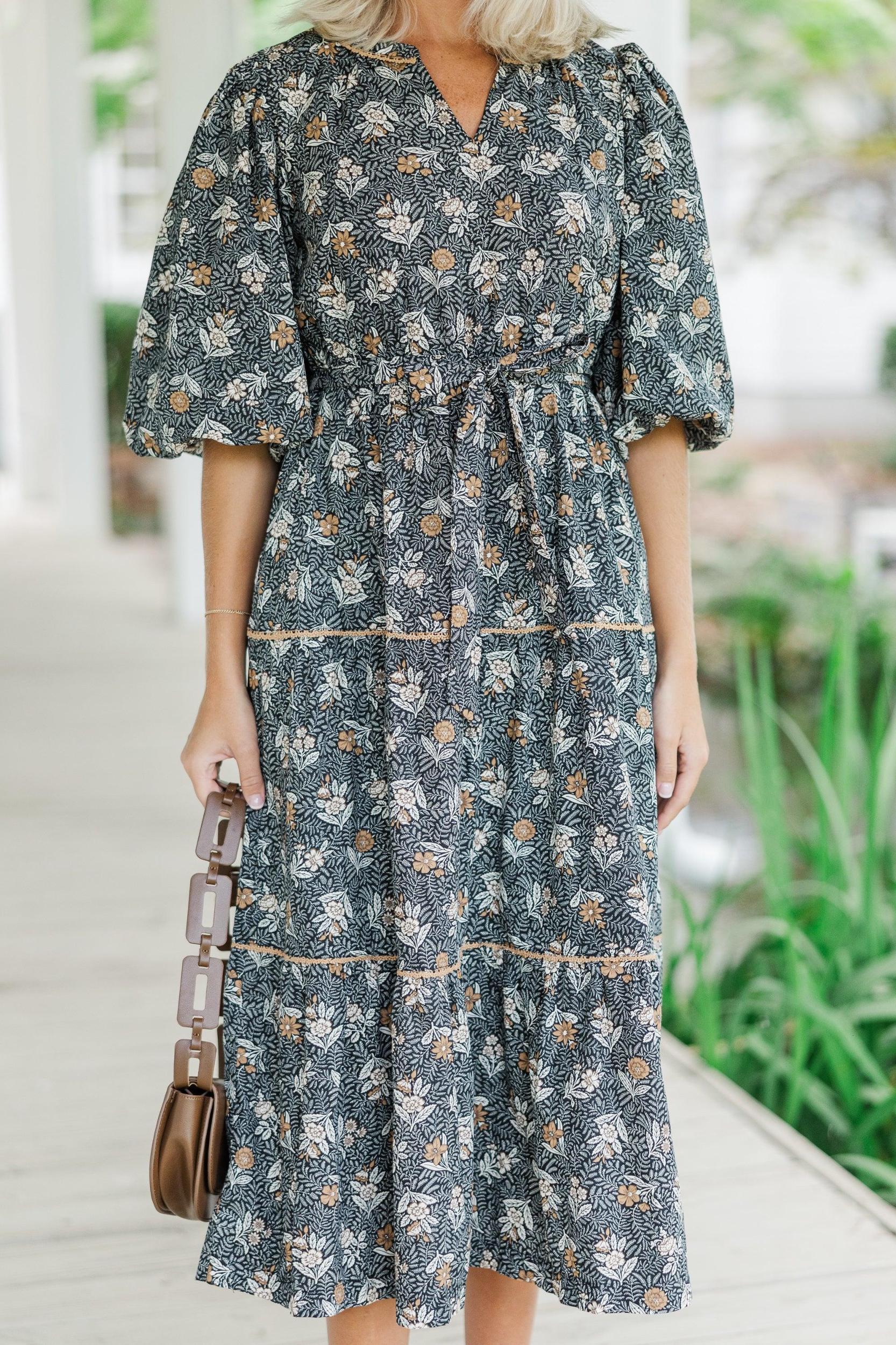 All So Serious Black Floral Midi Dress Female Product Image