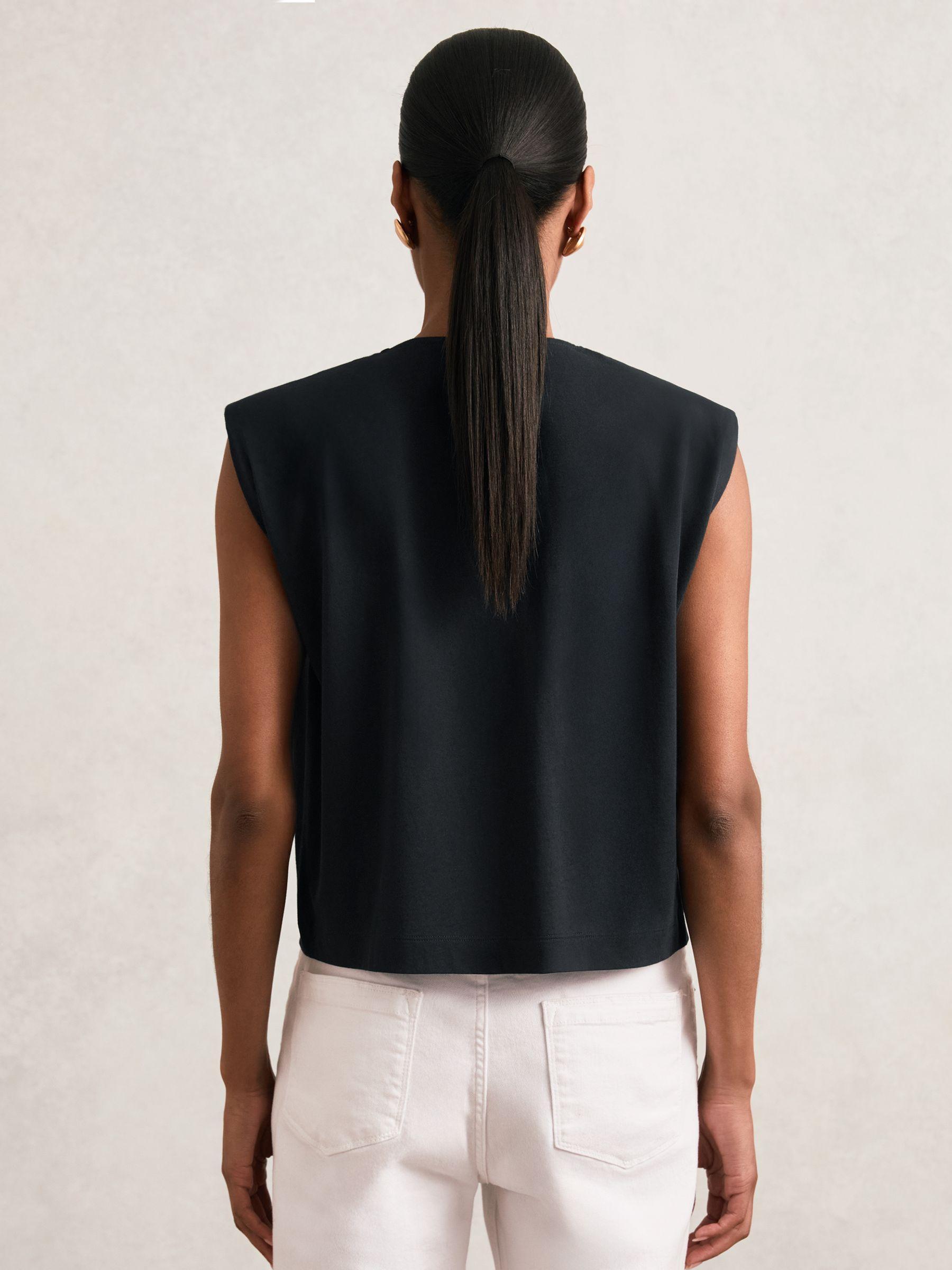 Cotton Shoulder-Pad V-Neck Top in Navy Product Image