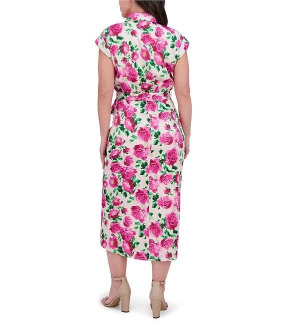Kensie Charmuese Floral Print Point Collar Neck Short Sleeve Button Front Tie Waist Shirt Midi Dress Product Image
