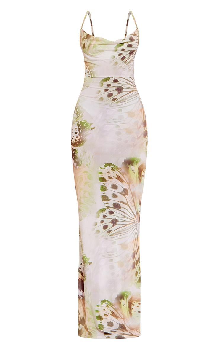 Green Butterfly Print Slinky Cowl Maxi Dress Product Image