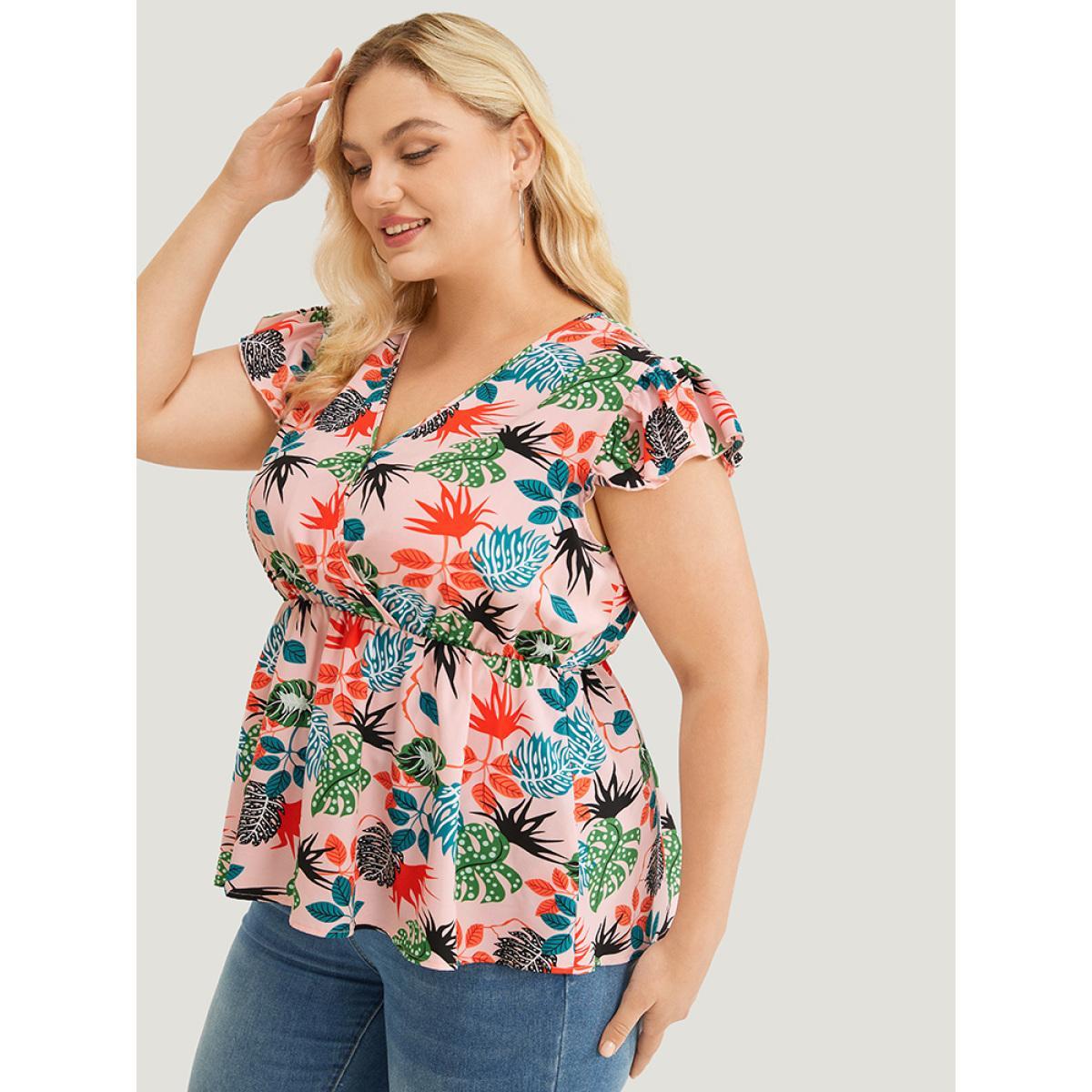 Plus Size Watermelon Plant Print Cap Sleeve Ruffle Wrap Blouse Women Elegant Cap Sleeve V-neck Dailywear Blouses BloomChic 12/L Product Image