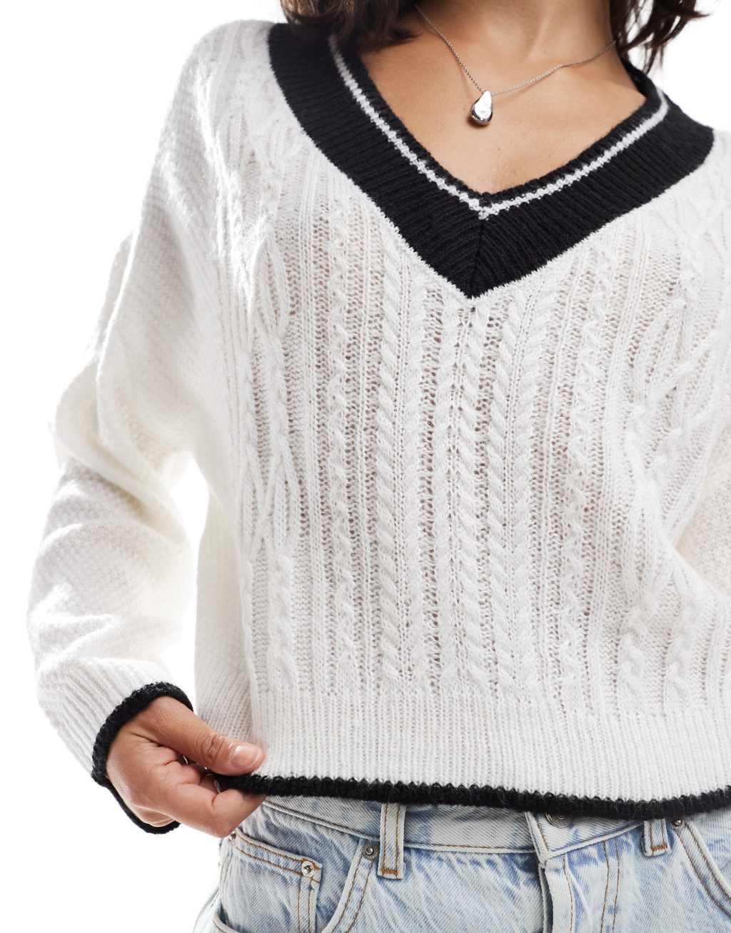Miss Selfridge varsity v neck slouchy sweater in cream Product Image