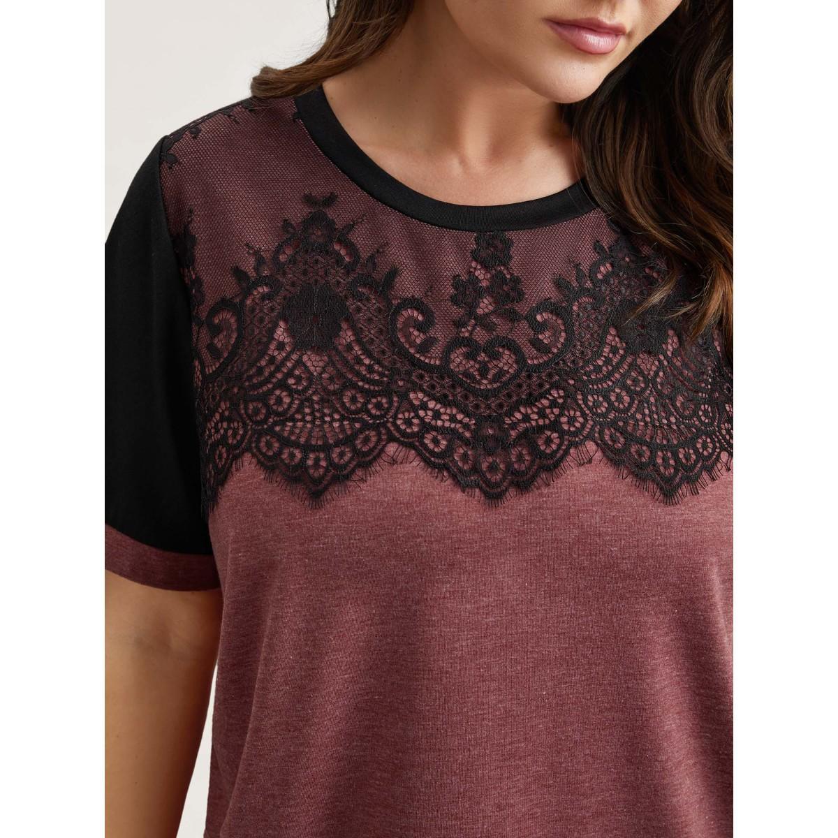 Plus Size Stretchy Scalloped Lace Color Contrast T-Shirt Russet Women Elegant Contrast Round Neck Everyday T-shirts BloomChic 18-20/2X Product Image
