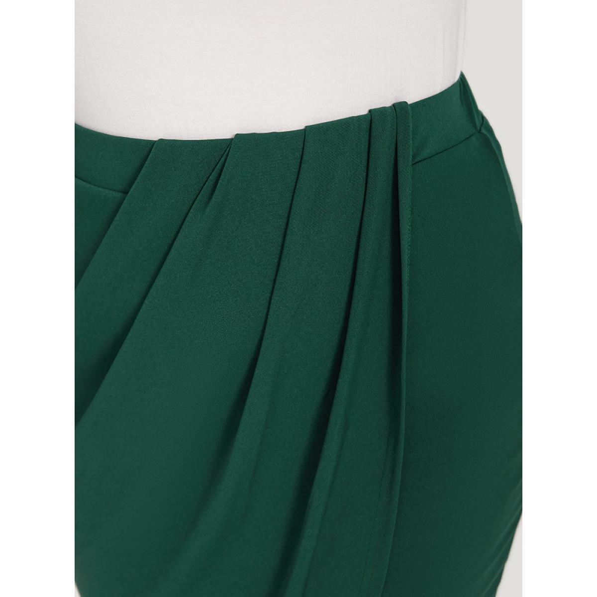 Plus Size Solid Pleated Detail Wrap Hem Skirt Women DarkGreen Office Plain Bodycon No stretch Work Skirts BloomChic 12/L Product Image