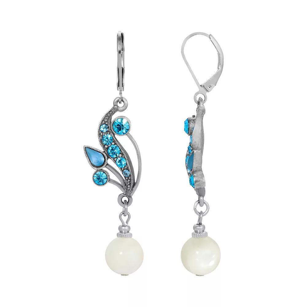 1928 Silver Tone Simulated Mother Of Pearl and Fancy Blue Crystal Drop Earrings, Womens, White Product Image