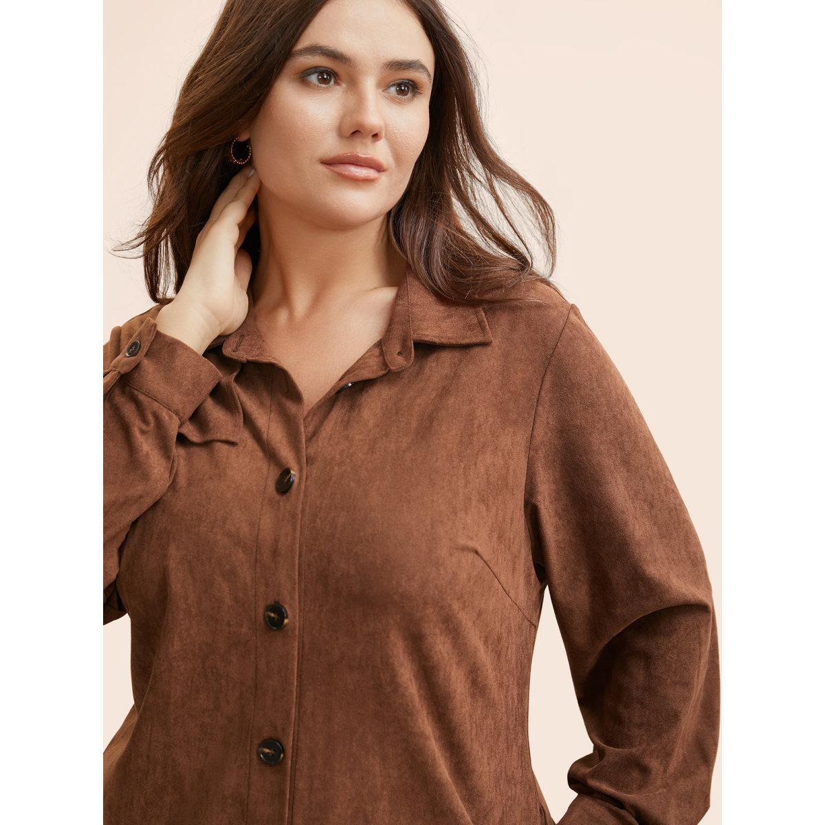 Plus Size Faux Suede Shirt Collar Midi Dress Browncoffeecolor Women Elegant Texture Shirt collar Long Sleeve Curvy BloomChic 12/L Product Image