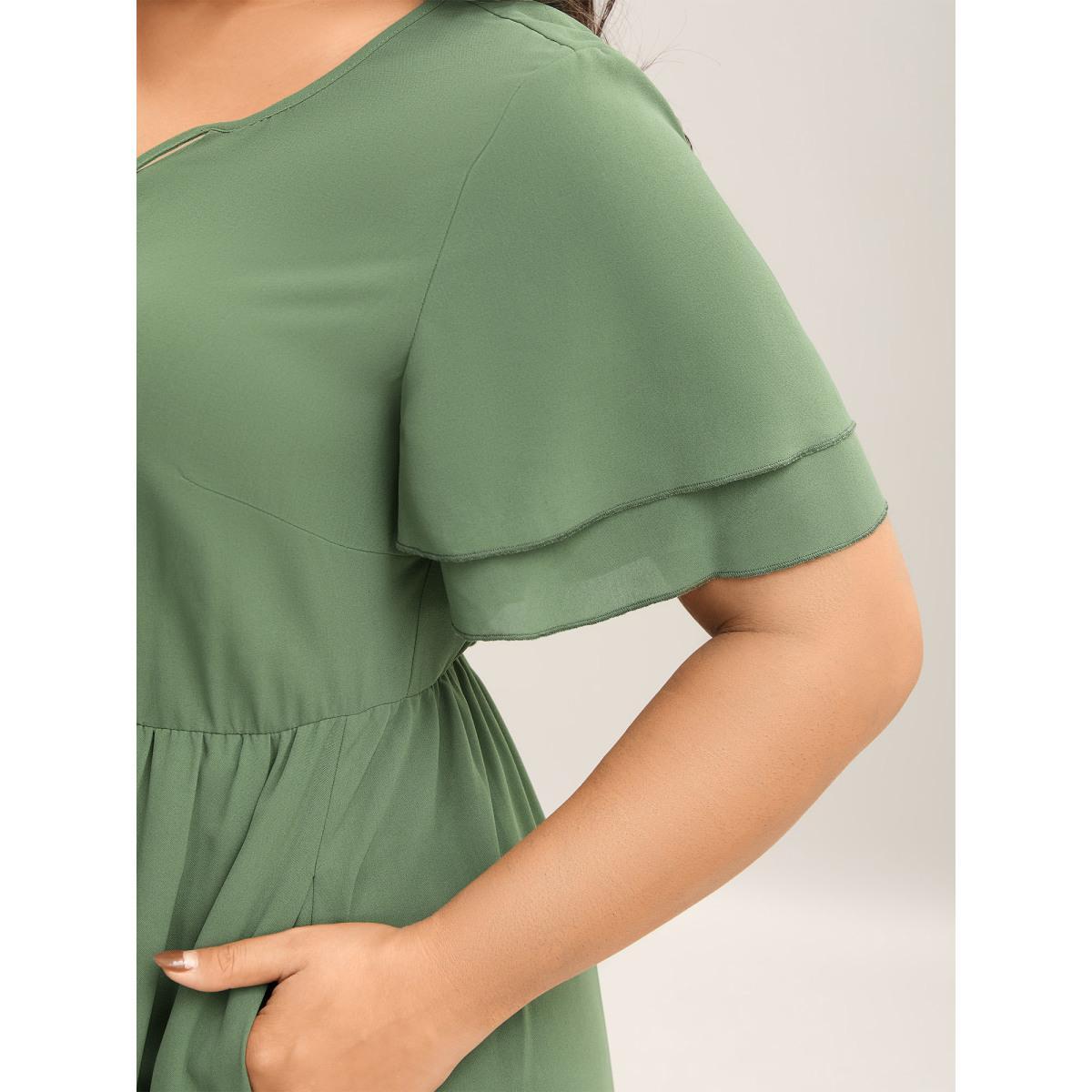 Plus Size Split Neck Tie Layered Sleeve Midi Dress ArmyGreen Women Casual Tie knot V-neck Short sleeve Curvy BloomChic 28/5X Product Image