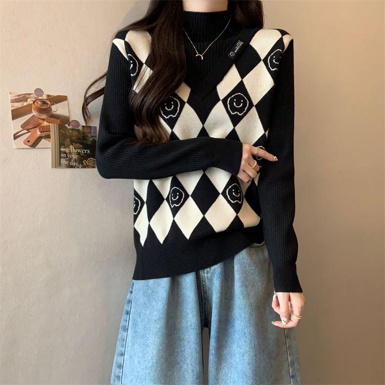 Long-Sleeve Mock Neck Mock Two-Piece Smiley Face Print Panel Knit Top Product Image