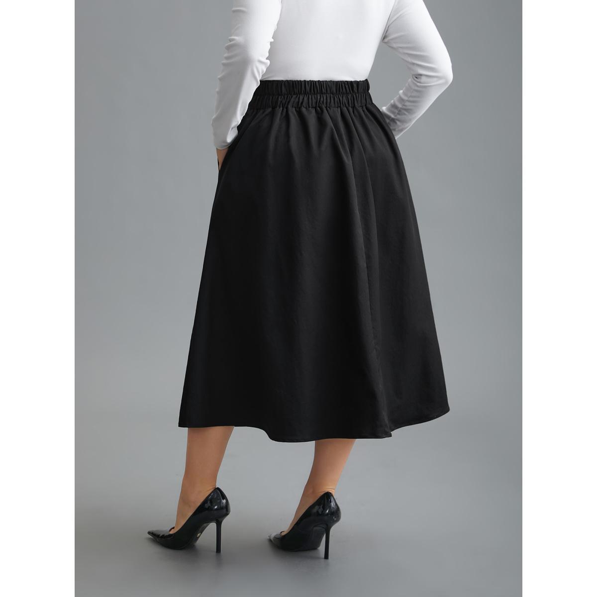 Plus Size Elastic Waist Fastener Pleated Skirt Women Black Elegant Button Low stretch Slanted pocket Everyday Skirts BloomChic 14-16/1X Product Image