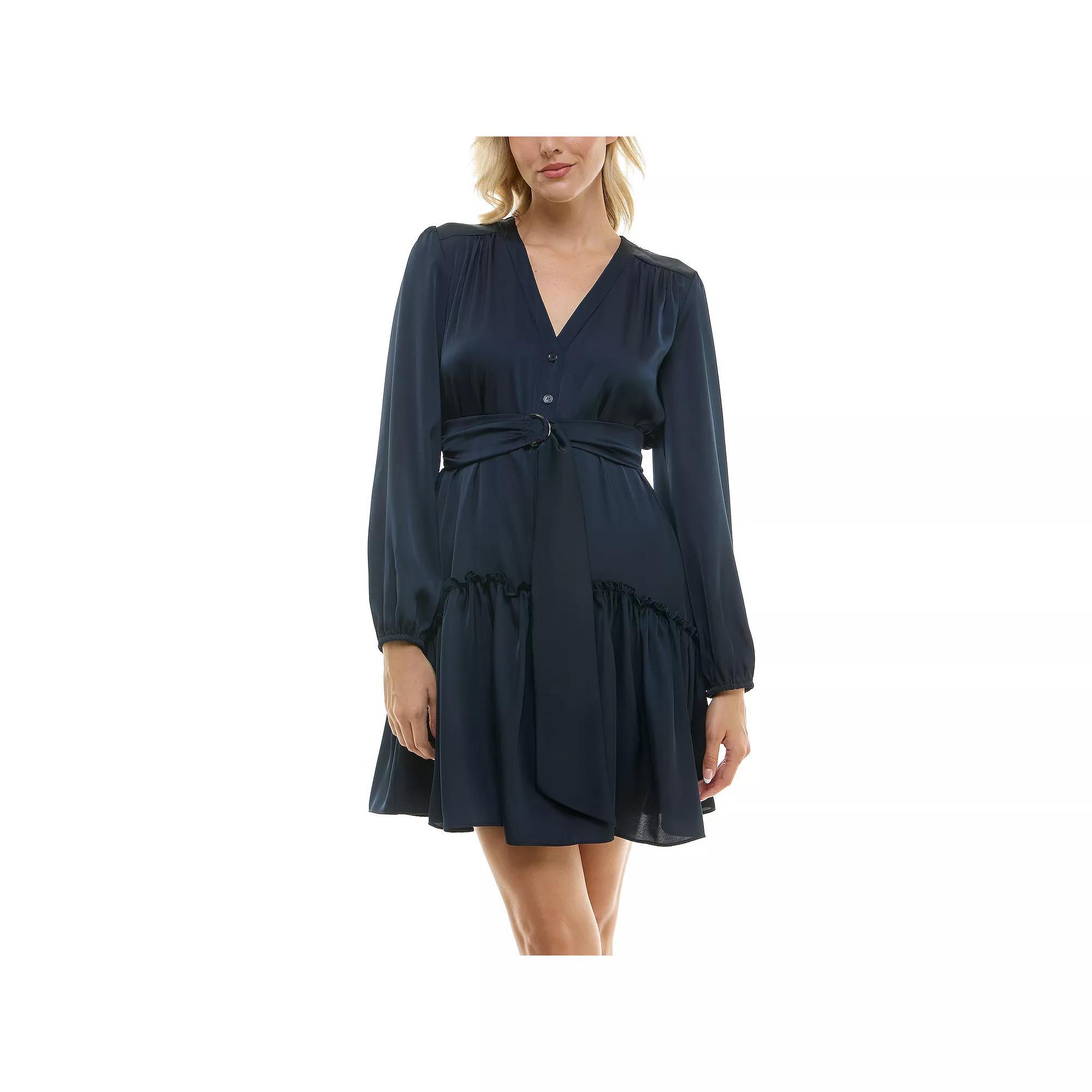 Women's Taylor Belted Ruffle Satin Mini Dress, Size: 14, Blue Product Image