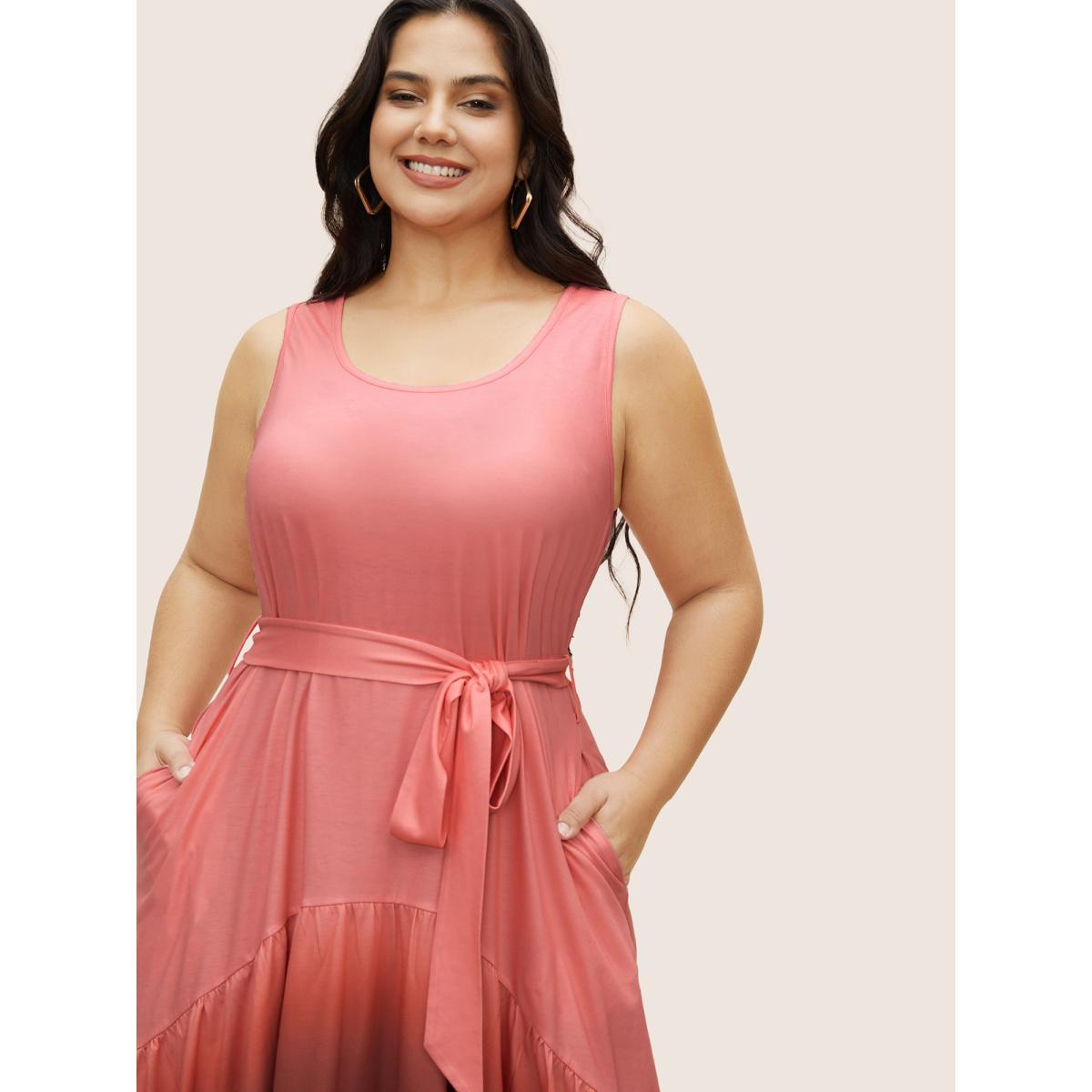 Plus Size Round Neck Ombre Belted Tank Dress Pink Women Casual Belted Round Neck Sleeveless Curvy BloomChic 22-24/3X Product Image