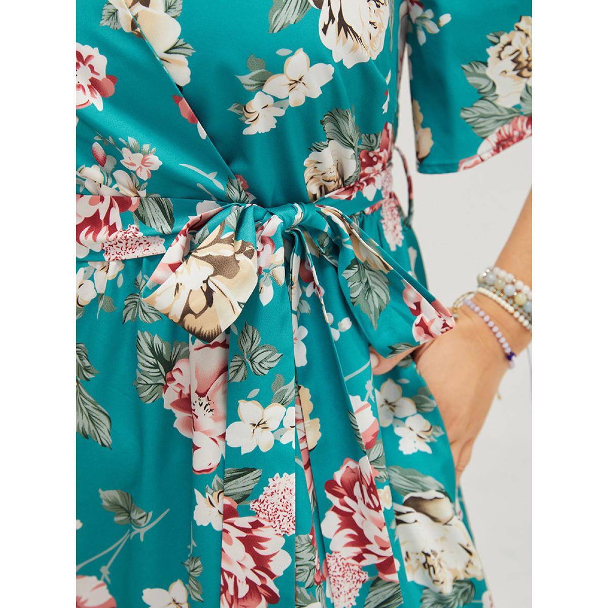 Plus Size Floral Belted Flutter Hem Pocket Wrap Cold Shoulder Split Dress Emerald Women Elegant Adjustable Straps Cold Shoulder Short sleeve Curvy Midi Dress BloomChic 12/L Product Image