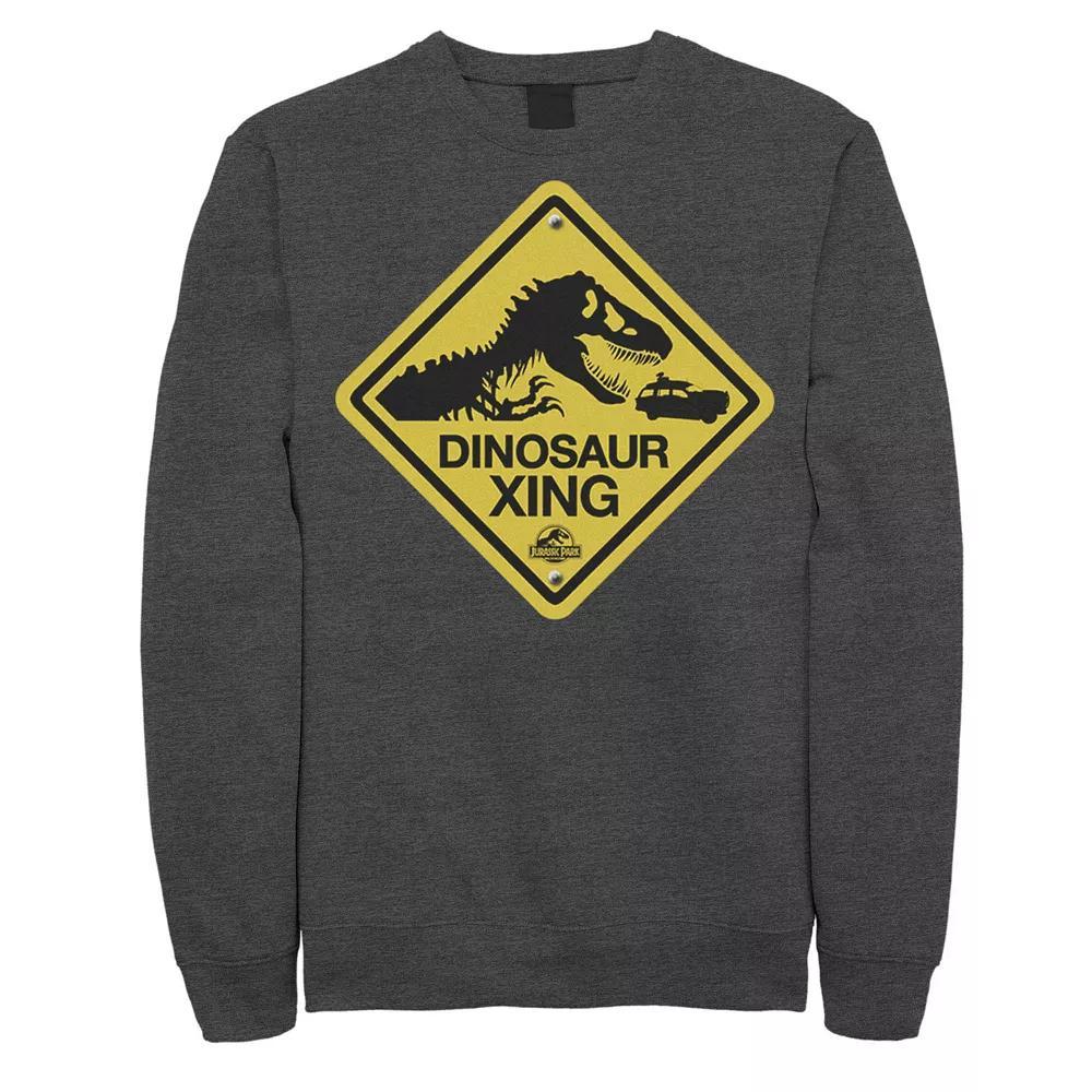 Mens Jurassic Park Dinosaur Crossing Yellow Sign Sweatshirt Grey Heather Product Image