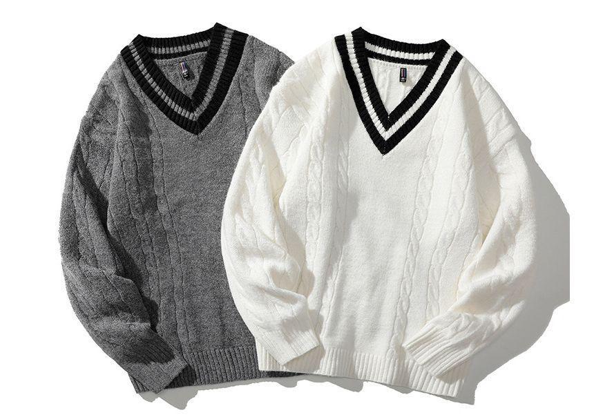 V-Neck Contrast Trim Cable Knit Loose-Fit Sweater Product Image