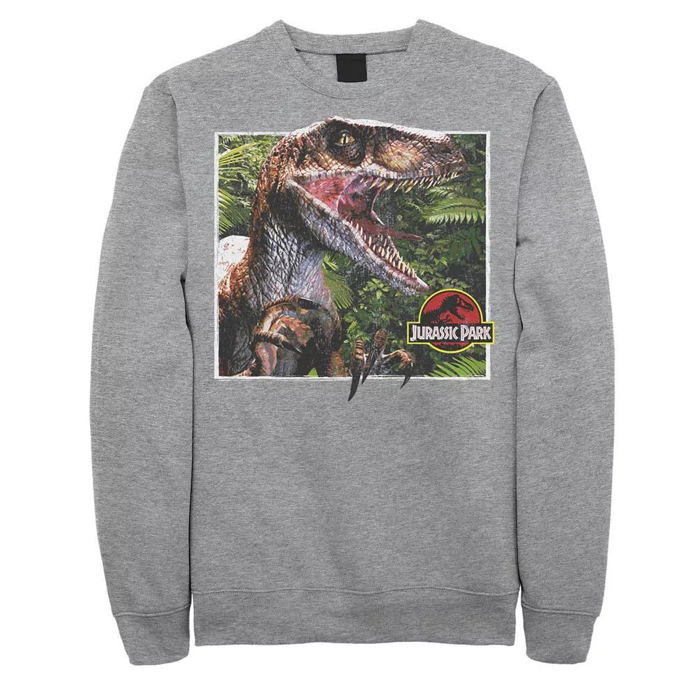Mens Jurassic Park Raptor Coming Out Of Forest Pullover Sweatshirt Athletic Grey Product Image