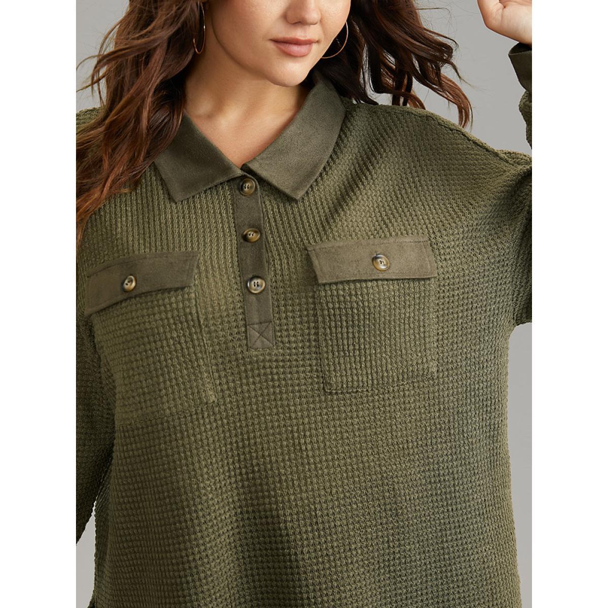 Plus Size Faux Suede Patchwork Waffle Knit Flap Pocket Sweatshirt Women ArmyGreen Casual Waffle Knit Lapel Collar Dailywear Sweatshirts BloomChic 12/L Product Image