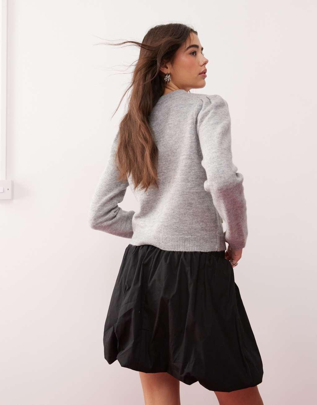 Miss Selfridge diamante puff sleeve sweater in gray heather Product Image