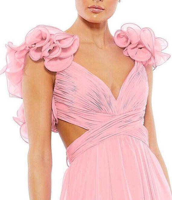 Ieena Mac Duggal Chiffon V-Neck Sleeveless Cut-Out Strappy Back Detail Tiered Ruffle Hem Gown Product Image