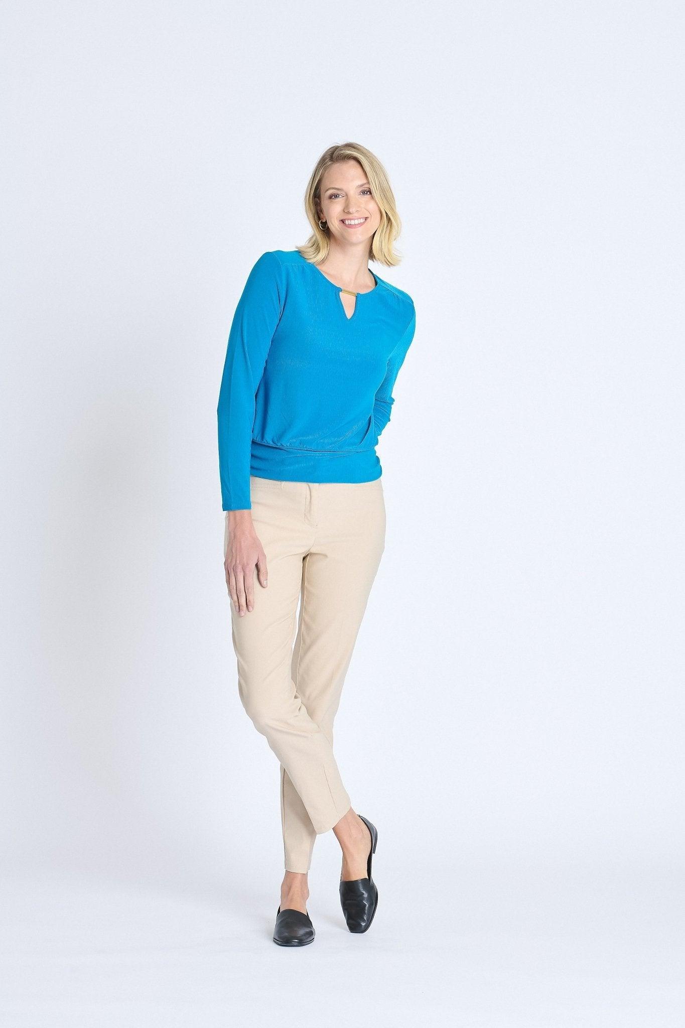 V-Neck Bar Trim Banded Top, Mykonos Blue Product Image