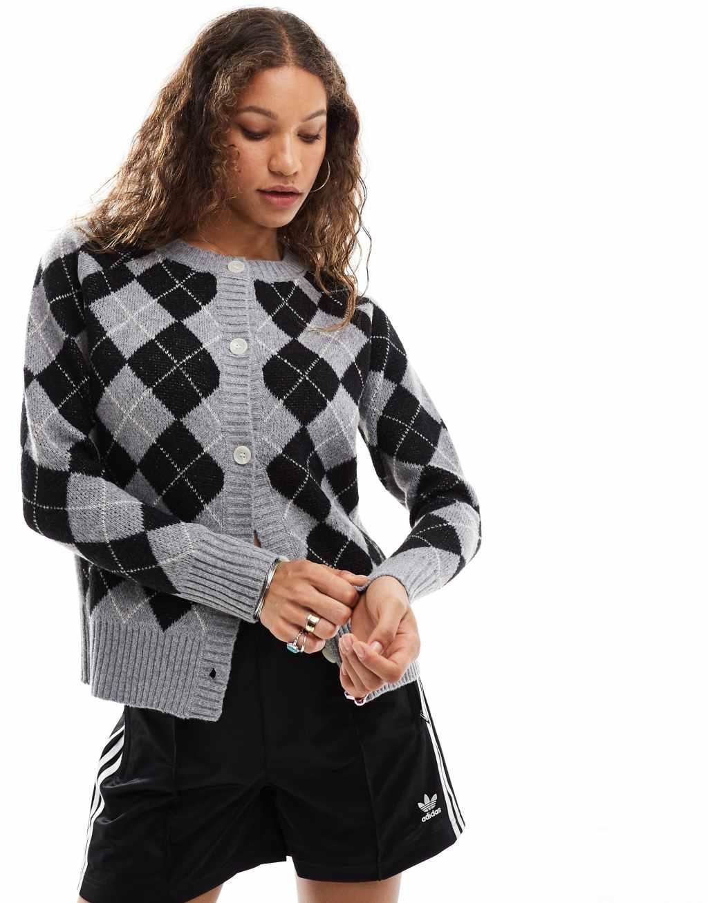 Daisy Street black and gray oversized argyle knitted pattern cardigan  Product Image