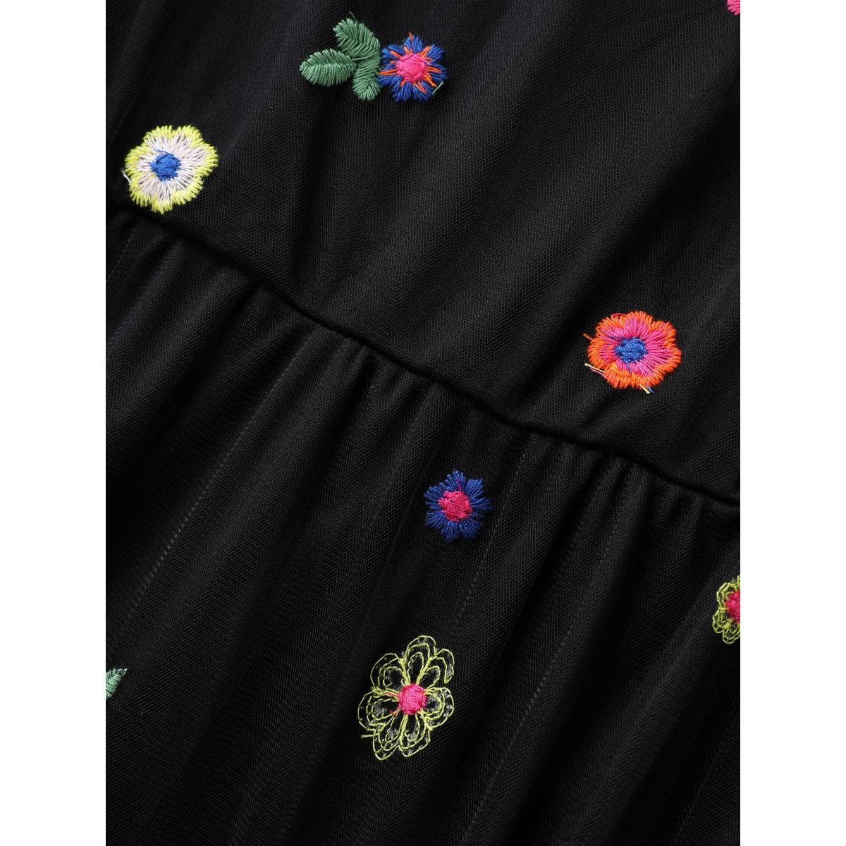 Plus Size Black Floral Mesh Embroidery Babydoll Blouse Women Short sleeve Round Neck Everyday-Elegant Blouses BloomChic 10/M Product Image