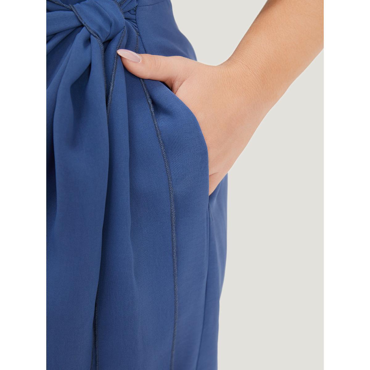 Plus Size Solid Surplice Neck Gathered Twist Front Batwing Sleeve Dress DarkBlue Women Elegant Knotted V-neck Half Sleeve Curvy Knee Dress BloomChic 26/4X Product Image