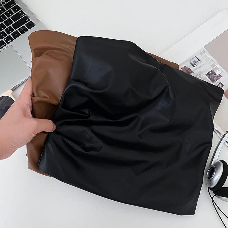 Strapless Plain Faux Leather Ruched Crop Top Product Image