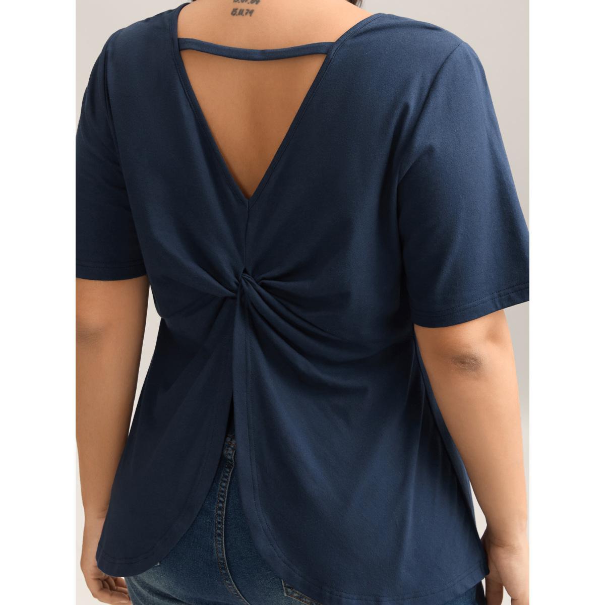 Plus Size Pure Cotton Knotted Backless T-Shirt Midnight Women Twist Round Neck Vacation T-shirts BloomChic 10/M Product Image