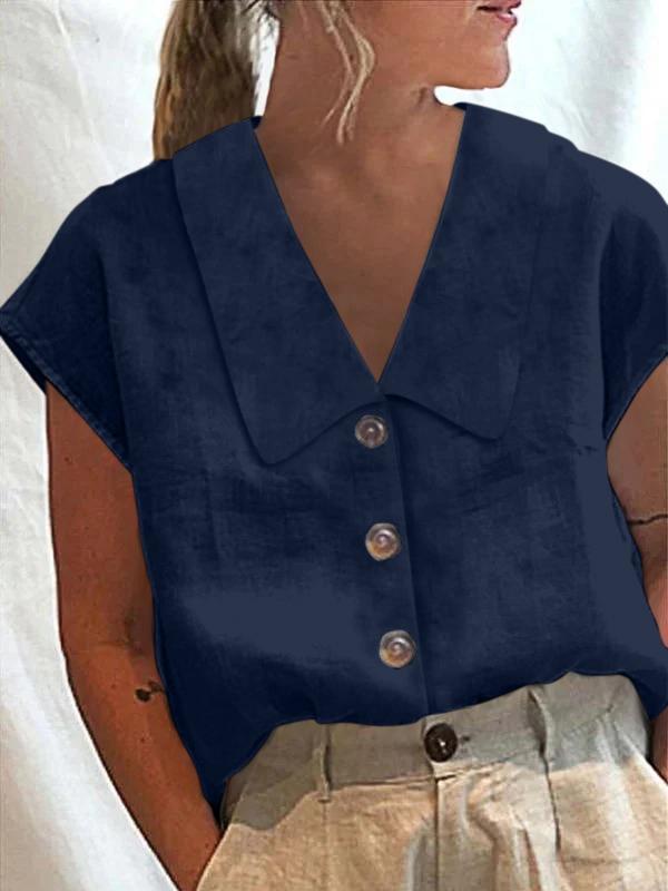 Cap Sleeve Loose Buttoned Solid Color Lapel Blouses&shirts Tops Product Image