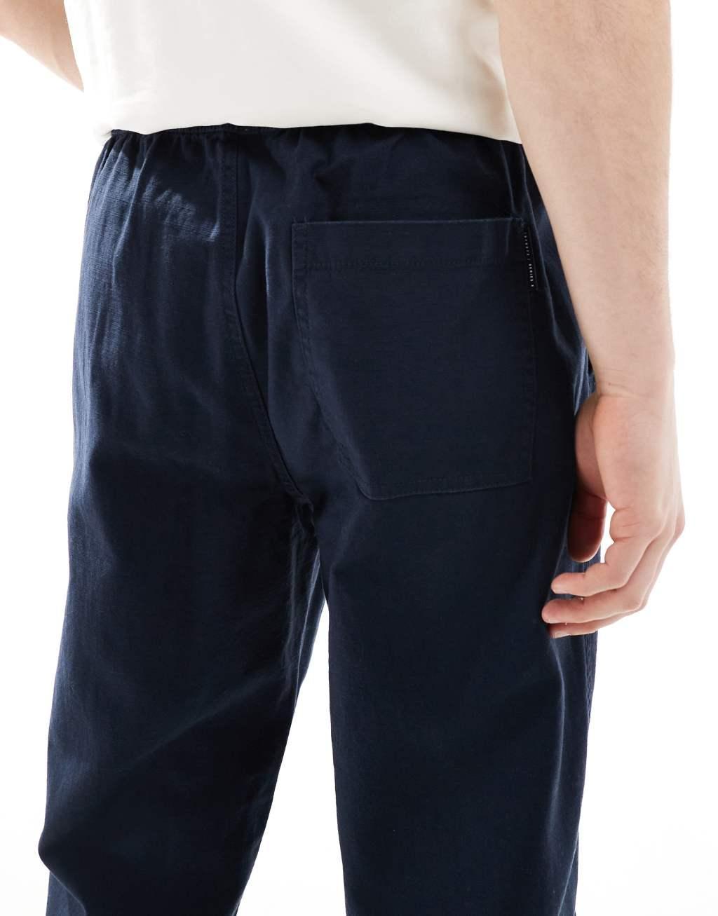 River Island linen look pull on pants in navy Product Image