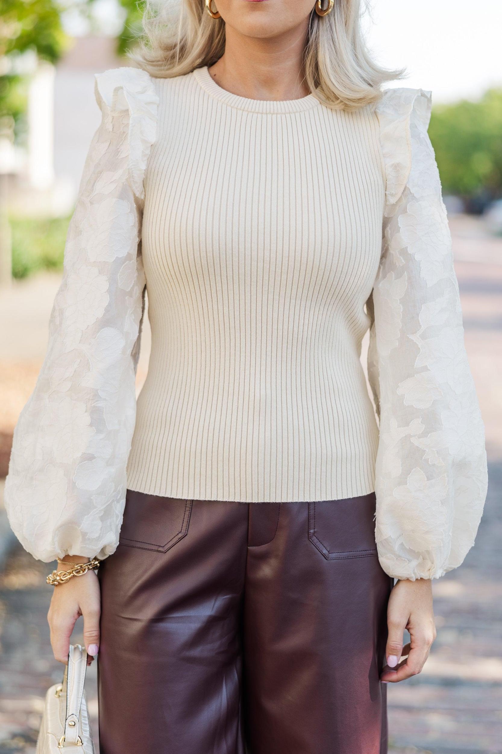 Tell It All Cream Ruffled Knit Top Female Product Image